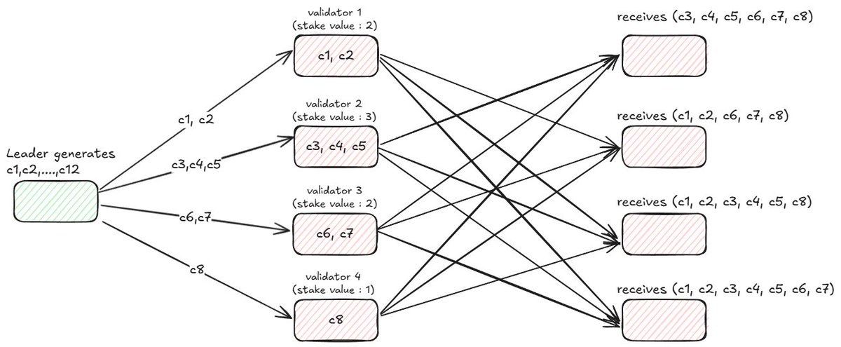 Two-hop RaptorCast distribution: the leader sends chunks to validators in proportion to stake, and each validator forwards its chunks to the others.
